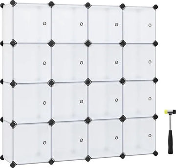 FurnStar - Reksysteem - schoenenrek - set van 16 kubussen - kledingkast van kunststof - met deuren - steekrek - opslag van kleding - schoenen en boeken - eenvoudige montage - wit