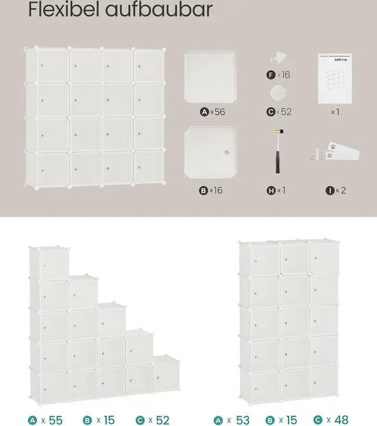 FurnStar - Reksysteem - schoenenrek - set van 16 kubussen - kledingkast van kunststof - met deuren - steekrek - opslag van kleding - schoenen en boeken - eenvoudige montage - crème-wit