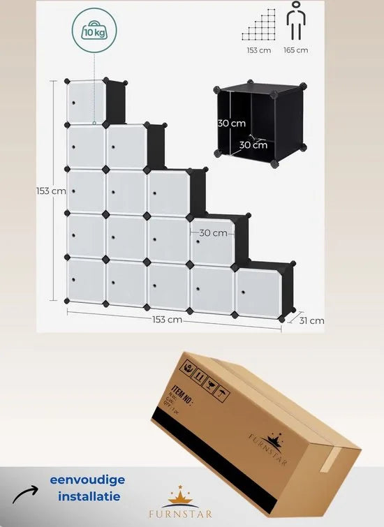 FurnStar - Reksysteem - schoenenrek - set van 16 kubussen - kledingkast van kunststof - met deuren - steekrek - opslag van kleding - schoenen en boeken - eenvoudige montage - zwart