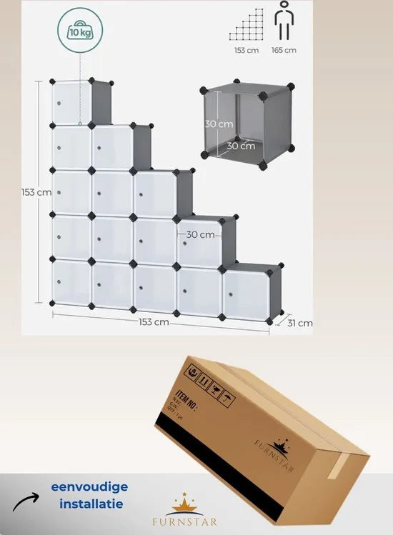 FurnStar - Reksysteem - schoenenrek - set van 16 kubussen - kledingkast van kunststof - met deuren - steekrek - opslag van kleding - schoenen en boeken - eenvoudige montage - crème-wit – Grijs