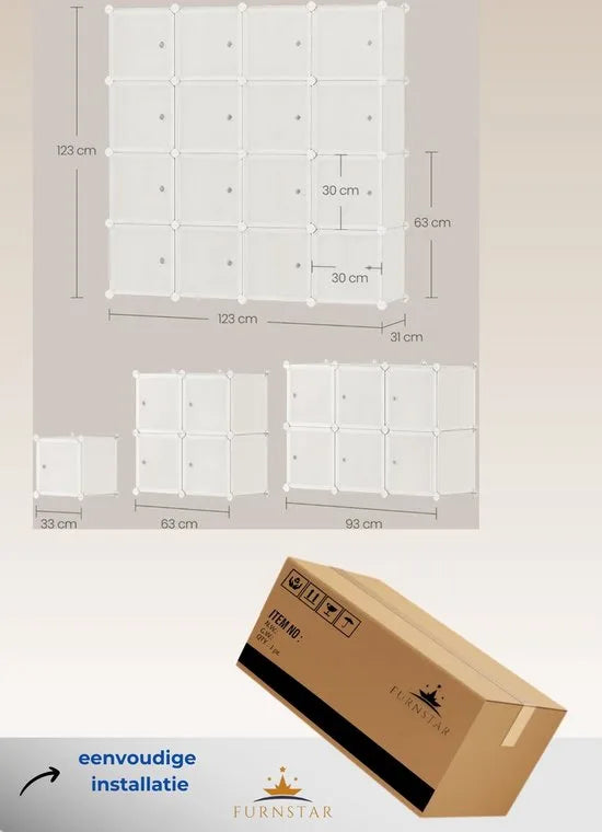 FurnStar - Reksysteem - schoenenrek - set van 16 kubussen - kledingkast van kunststof - met deuren - steekrek - opslag van kleding - schoenen en boeken - eenvoudige montage - crème-wit