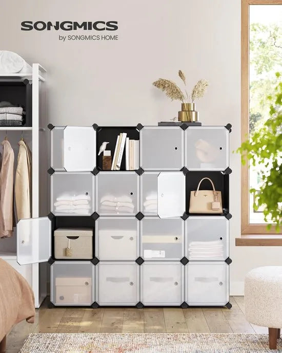 FurnStar - Reksysteem - schoenenrek - set van 16 kubussen - kledingkast van kunststof - met deuren - steekrek - opslag van kleding - schoenen en boeken - eenvoudige montage - zwart
