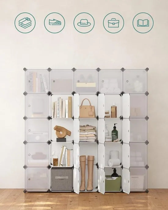 FurnStar - Reksysteem - schoenenrek - set van 16 kubussen - kledingkast van kunststof - met deuren - steekrek - opslag van kleding - schoenen en boeken - eenvoudige montage - wit