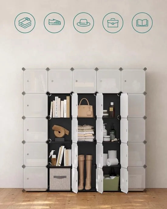 FurnStar - Reksysteem - schoenenrek - set van 16 kubussen - kledingkast van kunststof - met deuren - steekrek - opslag van kleding - schoenen en boeken - eenvoudige montage - zwart