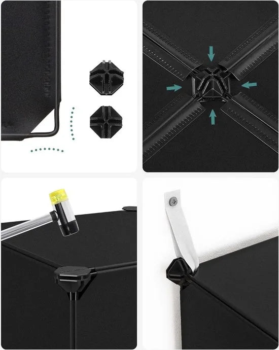 FurnStar - Reksysteem - schoenenrek - set van 16 kubussen - kledingkast van kunststof - met deuren - steekrek - opslag van kleding - schoenen en boeken - eenvoudige montage - zwart