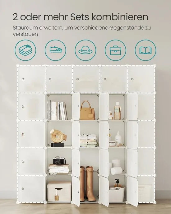 FurnStar - Reksysteem - schoenenrek - set van 16 kubussen - kledingkast van kunststof - met deuren - steekrek - opslag van kleding - schoenen en boeken - eenvoudige montage - crème-wit