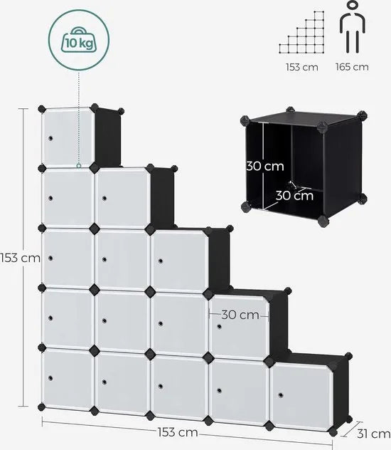 FurnStar - Reksysteem - schoenenrek - set van 16 kubussen - kledingkast van kunststof - met deuren - steekrek - opslag van kleding - schoenen en boeken - eenvoudige montage - zwart