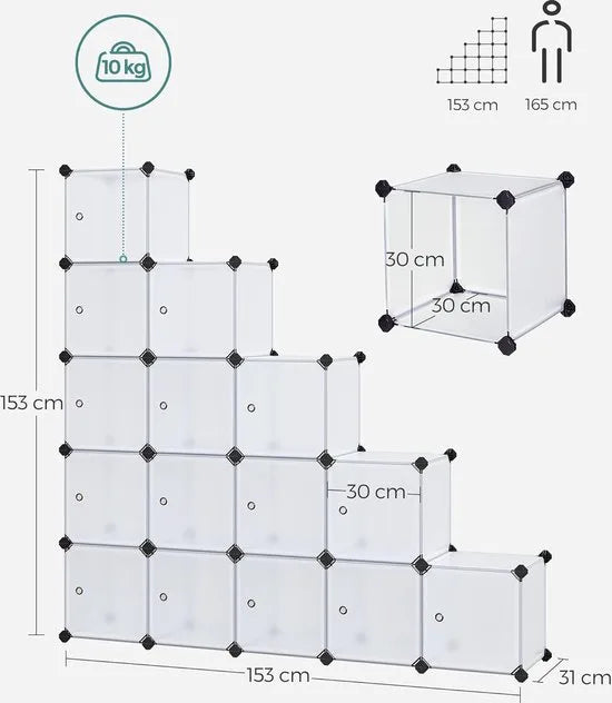 FurnStar - Reksysteem - schoenenrek - set van 16 kubussen - kledingkast van kunststof - met deuren - steekrek - opslag van kleding - schoenen en boeken - eenvoudige montage - wit