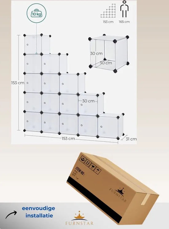 FurnStar - Reksysteem - schoenenrek - set van 16 kubussen - kledingkast van kunststof - met deuren - steekrek - opslag van kleding - schoenen en boeken - eenvoudige montage - wit