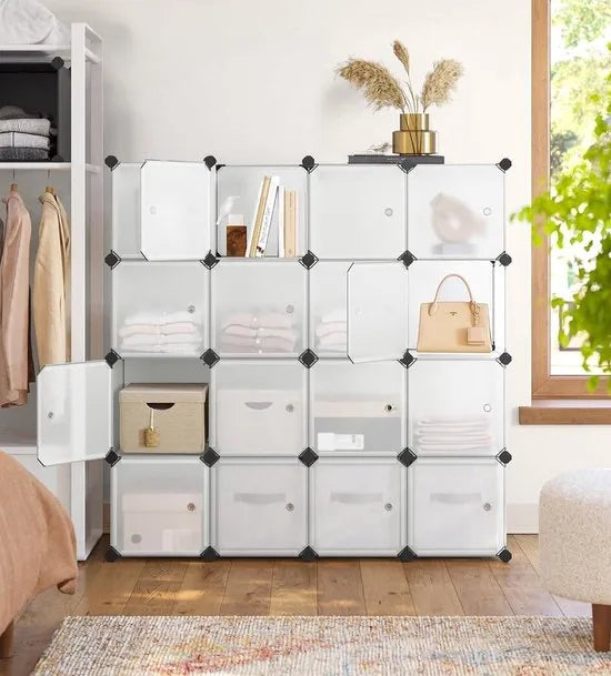 FurnStar - Reksysteem - schoenenrek - set van 16 kubussen - kledingkast van kunststof - met deuren - steekrek - opslag van kleding - schoenen en boeken - eenvoudige montage - wit