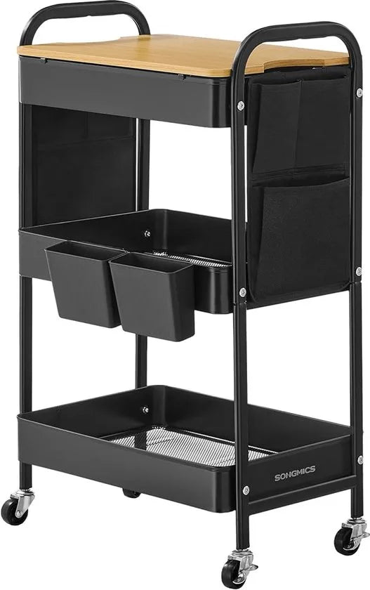 Furnstar Rolwagen - Keukentrolley - 3 Metalen Roosterplanken - Serveerwagen - 2 Afneembare Hangbakken - 2 Organizers - Voor Kantoor - Keuken - Woonkamer - Badkamer - Inktzwart - LRC036B01