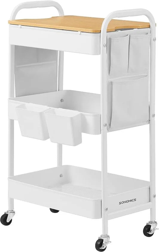 Furnstar Rolwagen - Keukentrolley - 3 Metalen Roosterplanken - Serveerwagen - 2 Afneembare Hangbakken - 2 Organizers - Voor Kantoor - Keuken - Woonkamer - Badkamer -Wit - LRC036W01