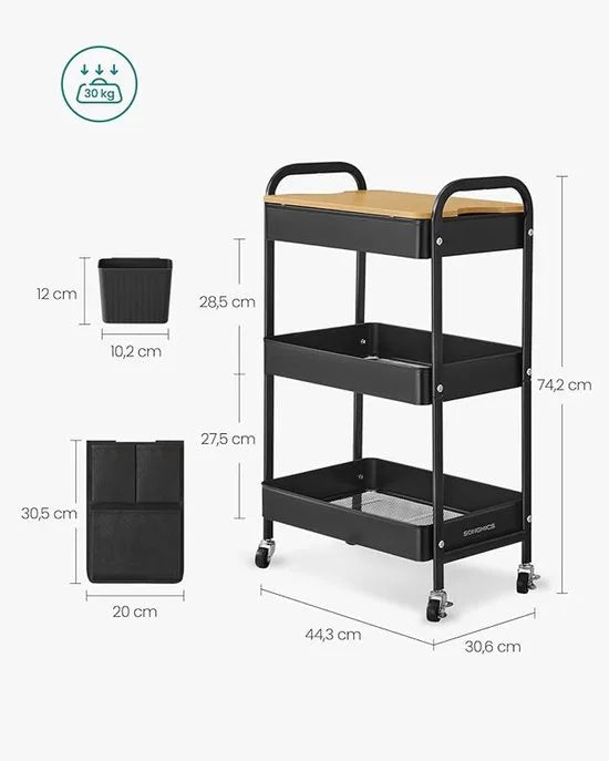 Furnstar Rolwagen - Keukentrolley - 3 Metalen Roosterplanken - Serveerwagen - 2 Afneembare Hangbakken - 2 Organizers - Voor Kantoor - Keuken - Woonkamer - Badkamer - Inktzwart - LRC036B01