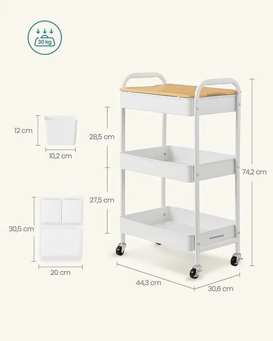 Furnstar Rolwagen - Keukentrolley - 3 Metalen Roosterplanken - Serveerwagen - 2 Afneembare Hangbakken - 2 Organizers - Voor Kantoor - Keuken - Woonkamer - Badkamer - Inktzwart - LRC036B01 – Wit