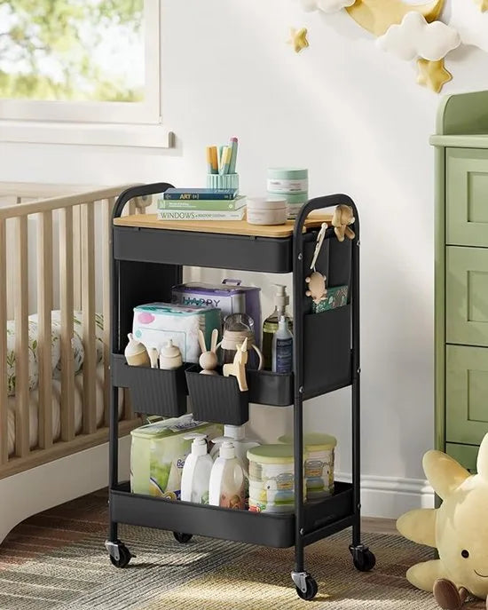 Furnstar Rolwagen - Keukentrolley - 3 Metalen Roosterplanken - Serveerwagen - 2 Afneembare Hangbakken - 2 Organizers - Voor Kantoor - Keuken - Woonkamer - Badkamer - Inktzwart - LRC036B01