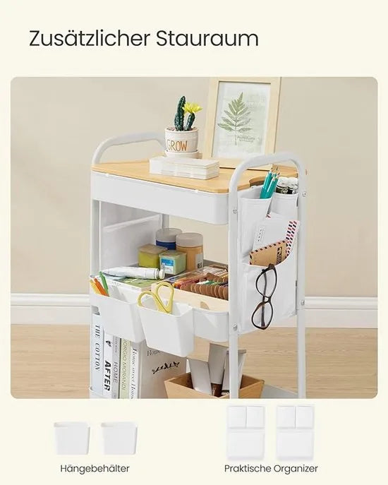 Furnstar Rolwagen - Keukentrolley - 3 Metalen Roosterplanken - Serveerwagen - 2 Afneembare Hangbakken - 2 Organizers - Voor Kantoor - Keuken - Woonkamer - Badkamer -Wit - LRC036W01