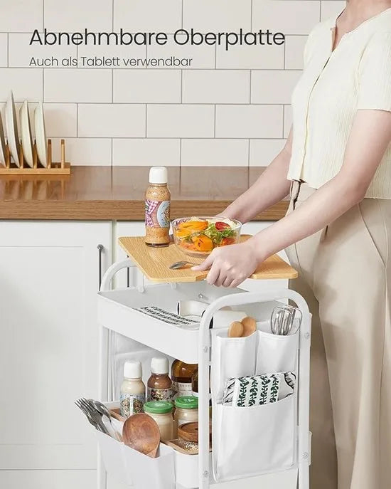 Furnstar Rolwagen - Keukentrolley - 3 Metalen Roosterplanken - Serveerwagen - 2 Afneembare Hangbakken - 2 Organizers - Voor Kantoor - Keuken - Woonkamer - Badkamer - Inktzwart - LRC036B01 – Wit