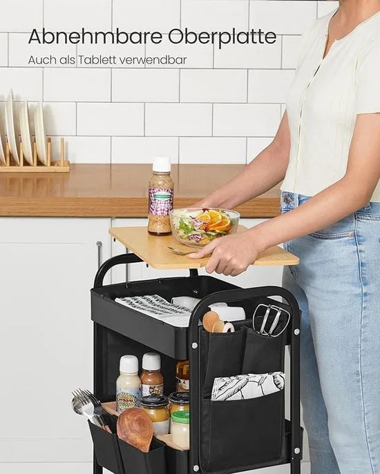 Furnstar Rolwagen - Keukentrolley - 3 Metalen Roosterplanken - Serveerwagen - 2 Afneembare Hangbakken - 2 Organizers - Voor Kantoor - Keuken - Woonkamer - Badkamer - Inktzwart - LRC036B01
