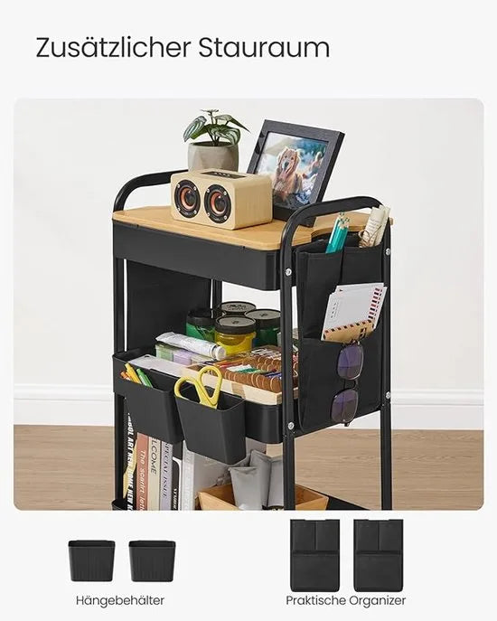 Furnstar Rolwagen - Keukentrolley - 3 Metalen Roosterplanken - Serveerwagen - 2 Afneembare Hangbakken - 2 Organizers - Voor Kantoor - Keuken - Woonkamer - Badkamer - Inktzwart - LRC036B01