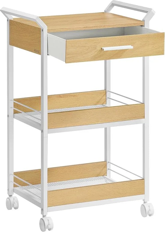 Furnstar - Rolwagen - Keukentrolley - 3 niveaus - Serveerwagen met remmen - Houten spaanplaat - Bovenste lade - Opbergrek voor keuken badkamer slaapkamer - Goudkleurig eiken Wolkenwit
