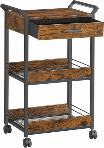 Furnstar - Rolwagen - Keukentrolley - 3 niveaus - Serveerwagen met remmen - Houten spaanplaat - Bovenste lade - Opbergrek voor keuken badkamer slaapkamer - Vintage bruin Inktzwart