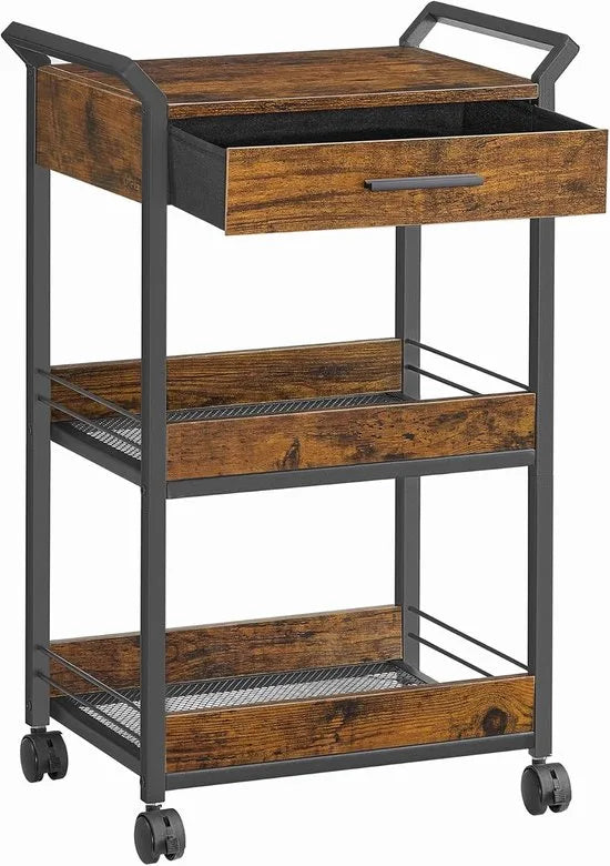 Furnstar - Rolwagen - Keukentrolley - 3 niveaus - Serveerwagen met remmen - Houten spaanplaat - Bovenste lade - Opbergrek voor keuken badkamer slaapkamer - Vintage bruin Inktzwart