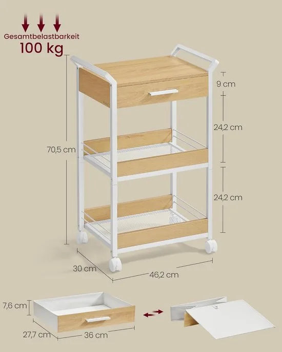 Furnstar - Rolwagen - Keukentrolley - 3 niveaus - Serveerwagen met remmen - Houten spaanplaat - Bovenste lade - Opbergrek voor keuken badkamer slaapkamer - Goudkleurig eiken Wolkenwit