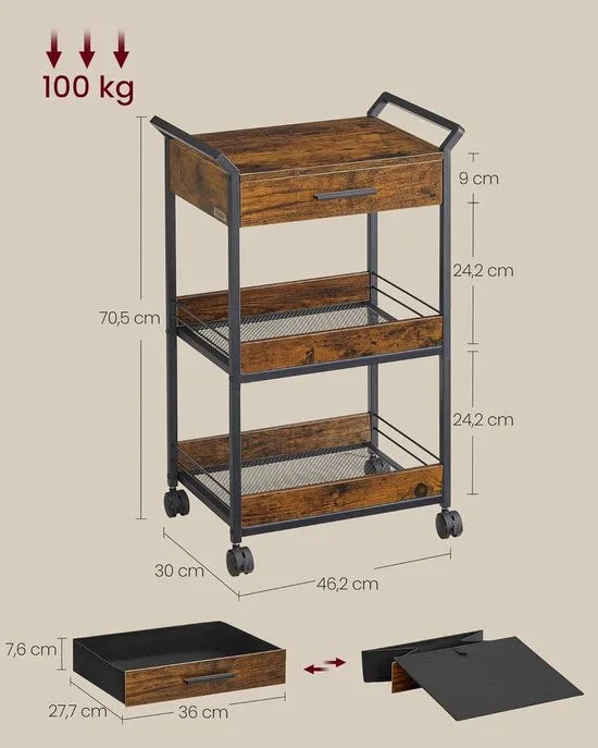 Furnstar - Rolwagen - Keukentrolley - 3 niveaus - Serveerwagen met remmen - Houten spaanplaat - Bovenste lade - Opbergrek voor keuken badkamer slaapkamer - Vintage bruin Inktzwart