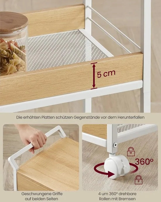 Furnstar - Rolwagen - Keukentrolley - 3 niveaus - Serveerwagen met remmen - Houten spaanplaat - Bovenste lade - Opbergrek voor keuken badkamer slaapkamer - Goudkleurig eiken Wolkenwit