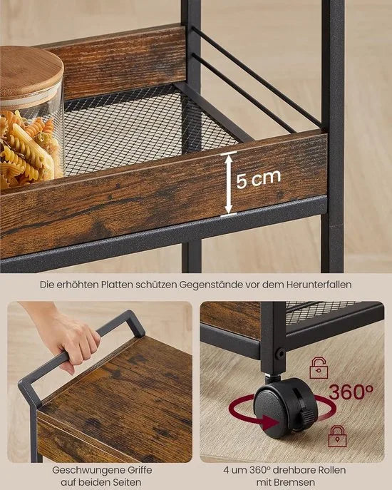 Furnstar - Rolwagen - Keukentrolley - 3 niveaus - Serveerwagen met remmen - Houten spaanplaat - Bovenste lade - Opbergrek voor keuken badkamer slaapkamer - Vintage bruin Inktzwart