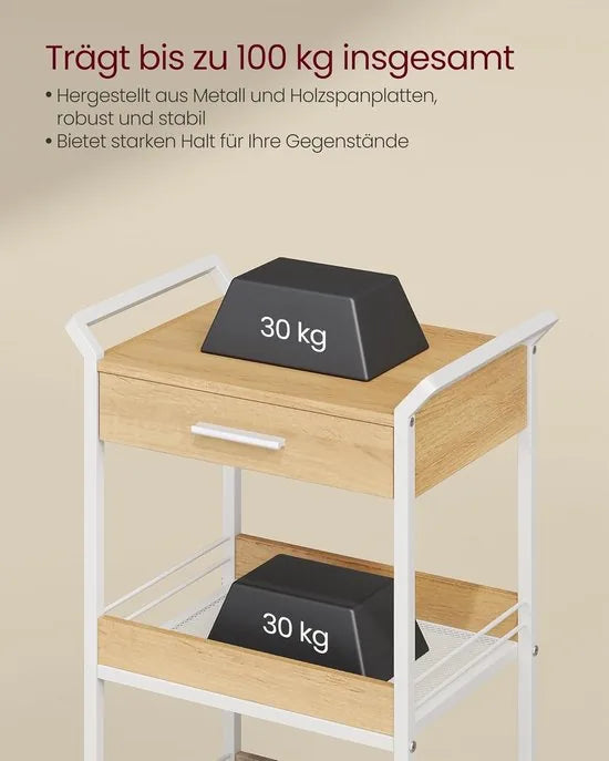 Furnstar - Rolwagen - Keukentrolley - 3 niveaus - Serveerwagen met remmen - Houten spaanplaat - Bovenste lade - Opbergrek voor keuken badkamer slaapkamer - Goudkleurig eiken Wolkenwit
