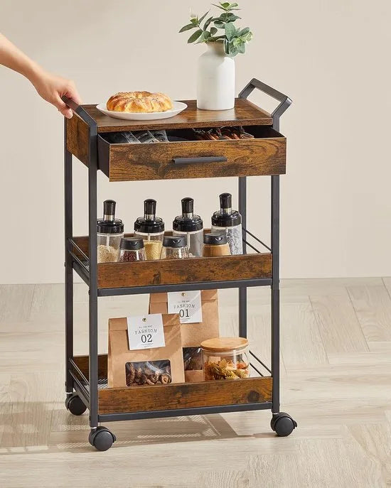 Furnstar - Rolwagen - Keukentrolley - 3 niveaus - Serveerwagen met remmen - Houten spaanplaat - Bovenste lade - Opbergrek voor keuken badkamer slaapkamer - Vintage bruin Inktzwart