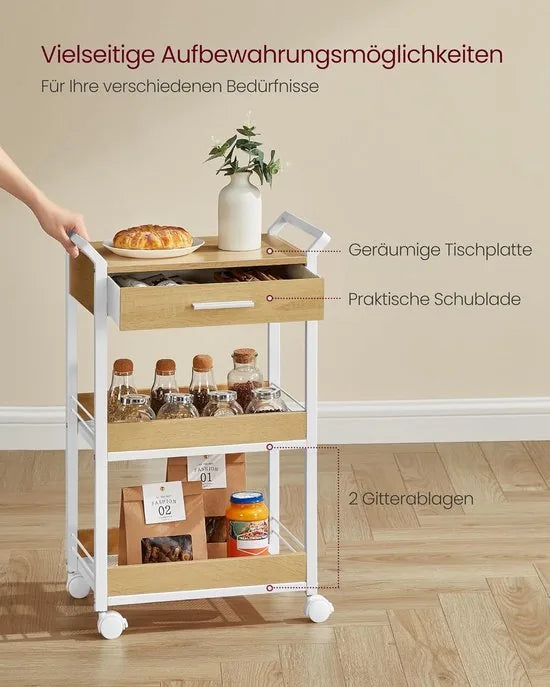 Furnstar - Rolwagen - Keukentrolley - 3 niveaus - Serveerwagen met remmen - Houten spaanplaat - Bovenste lade - Opbergrek voor keuken badkamer slaapkamer - Goudkleurig eiken Wolkenwit
