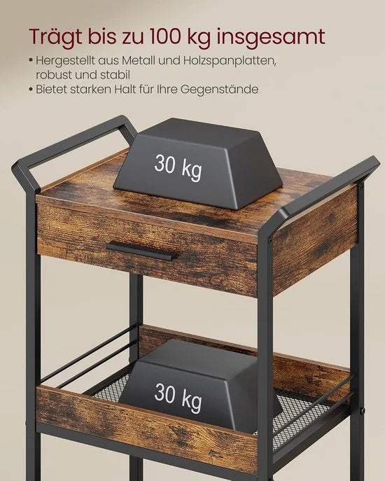 Furnstar - Rolwagen - Keukentrolley - 3 niveaus - Serveerwagen met remmen - Houten spaanplaat - Bovenste lade - Opbergrek voor keuken badkamer slaapkamer - Vintage bruin Inktzwart