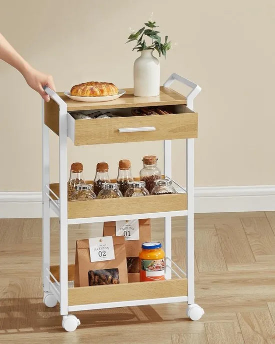 Furnstar - Rolwagen - Keukentrolley - 3 niveaus - Serveerwagen met remmen - Houten spaanplaat - Bovenste lade - Opbergrek voor keuken badkamer slaapkamer - Goudkleurig eiken Wolkenwit