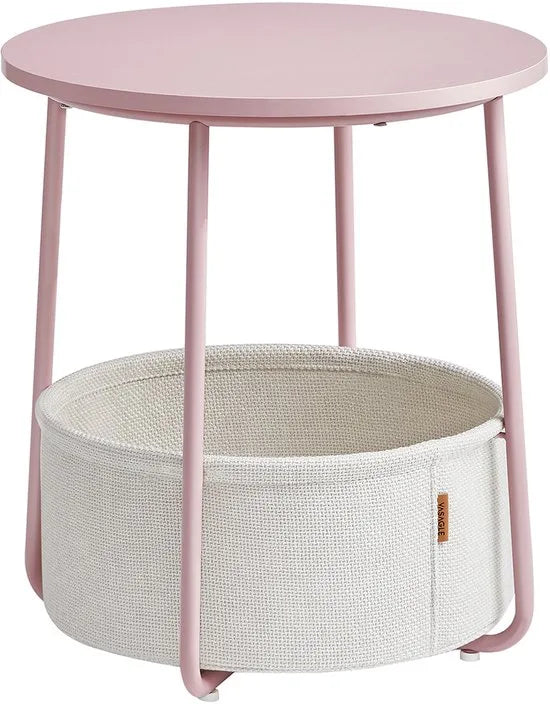Furnstar Ronde Bijzettafel met Stoffen Opbergmand - Moderne Salontafel - Nachtkastje voor Woonkamer en Slaapkamer - Roze- Wit