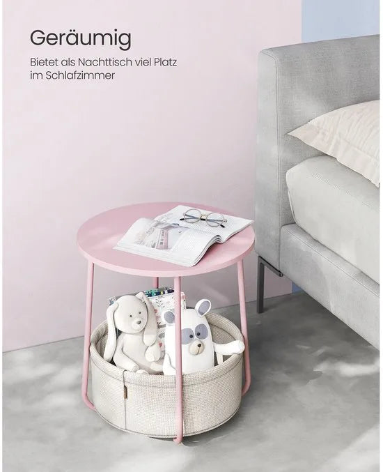 Furnstar Ronde Bijzettafel met Stoffen Opbergmand - Moderne Salontafel - Nachtkastje voor Woonkamer en Slaapkamer - Roze- Wit