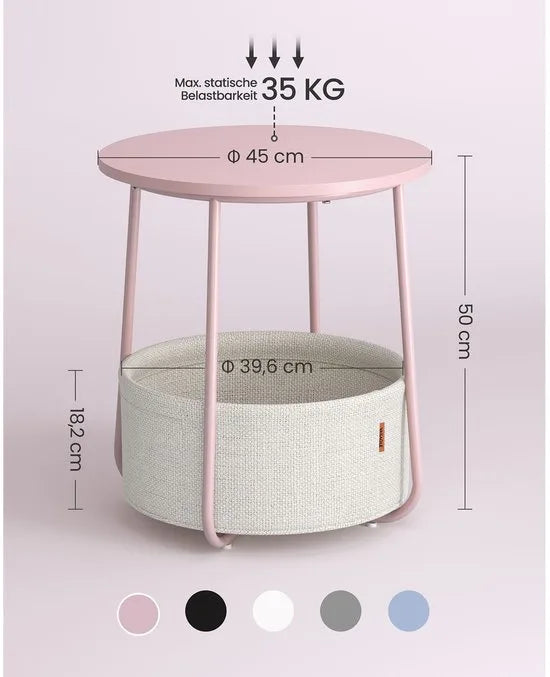 Furnstar Ronde Bijzettafel met Stoffen Opbergmand - Moderne Salontafel - Nachtkastje voor Woonkamer en Slaapkamer - Roze- Wit