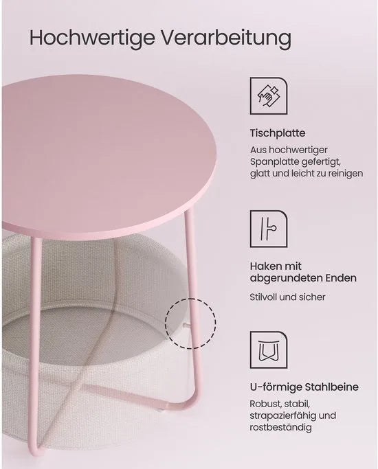 Furnstar Ronde Bijzettafel met Stoffen Opbergmand - Moderne Salontafel - Nachtkastje voor Woonkamer en Slaapkamer - Roze- Wit