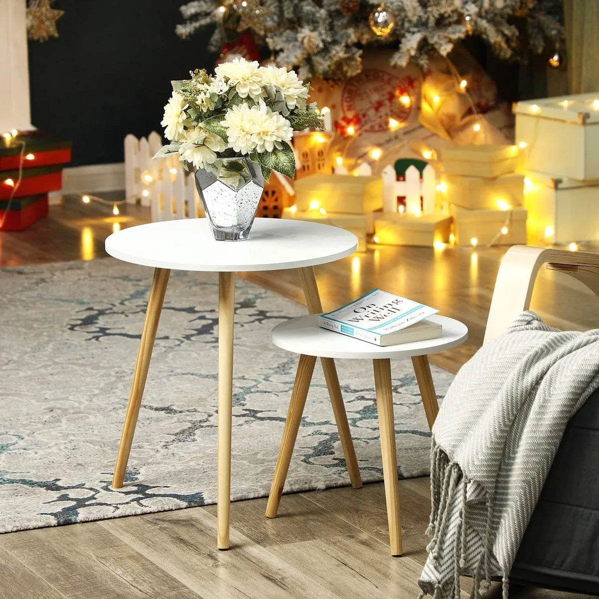 Furnstar Ronde Bijzettafelset – Set van 2 Salontafels – Scandinavische Stijl – Massief Houten Poten – Minimalistisch Design – Wit/Naturel