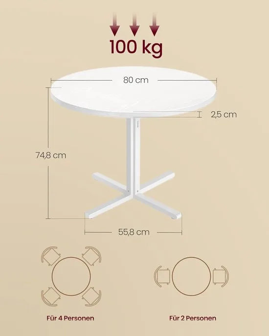 Furnstar Ronde Eettafel 80 cm – Eetkamertafel voor 2-4 Personen – Landelijke Stijl – Waterbestendig & Krasvast – Wit