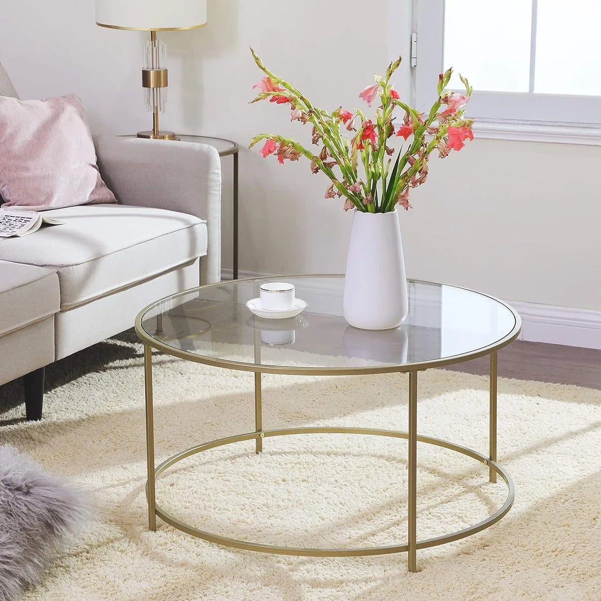 FurnStar Ronde Salontafel – Gehard Glas – Modern Design- Bijzettafel - 84x84x45.5cm – Goud