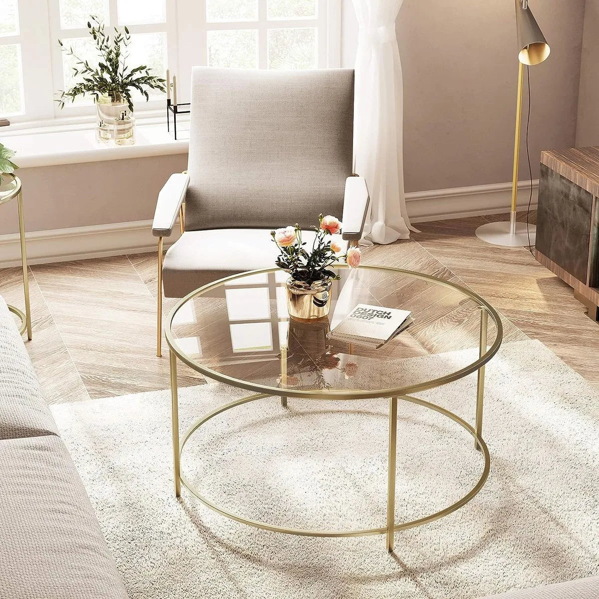 FurnStar Ronde Salontafel – Gehard Glas – Modern Design- Bijzettafel - 84x84x45.5cm – Goud