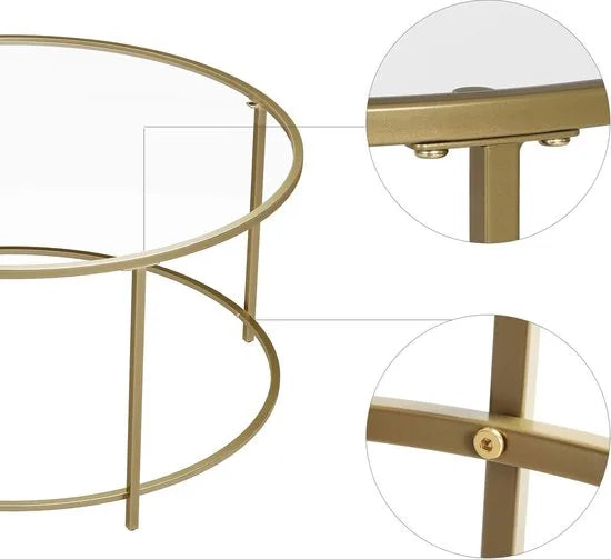 FurnStar Ronde Salontafel – Gehard Glas – Modern Design- Bijzettafel - 84x84x45.5cm – Goud
