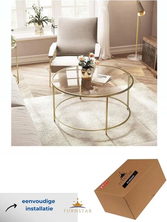 FurnStar Ronde Salontafel – Gehard Glas – Modern Design- Bijzettafel - 84x84x45.5cm – Goud