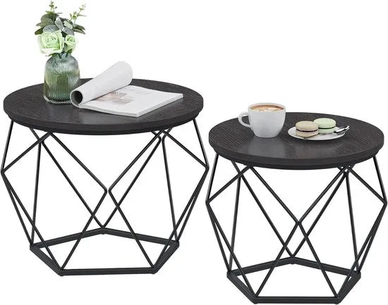 Furnstar Ronde Salontafels Set van 2 – Bijzettafels – Modern Design – Afneembaar Tafelblad – Stalen Frame – Zwart