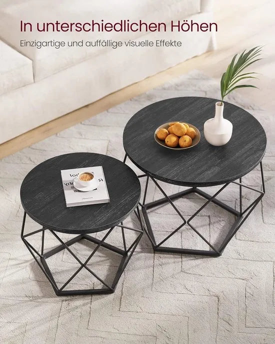 Furnstar Ronde Salontafels Set van 2 – Bijzettafels – Modern Design – Afneembaar Tafelblad – Stalen Frame – Zwart