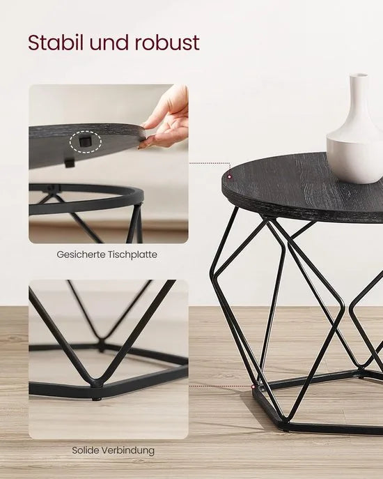 Furnstar Ronde Salontafels Set van 2 – Bijzettafels – Modern Design – Afneembaar Tafelblad – Stalen Frame – Zwart