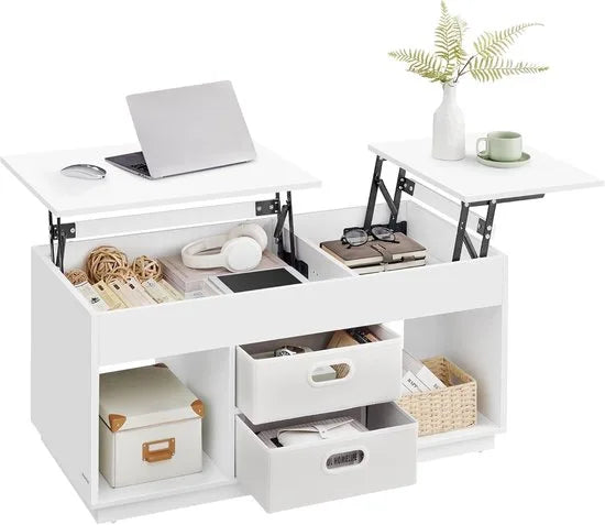 FurnStar – Salontafel – In Hoogte Verstelbaar – 2 laden & verborgen vakken – Moderne koffietafel – 50 x 100 x 48/62,3 cm –Sneeuwwit