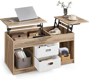 FurnStar – Salontafel – In Hoogte Verstelbaar – 2 laden & verborgen vakken – Moderne koffietafel – 50 x 100 x 48/62,3 cm – Camelbruin-Wolkenwit